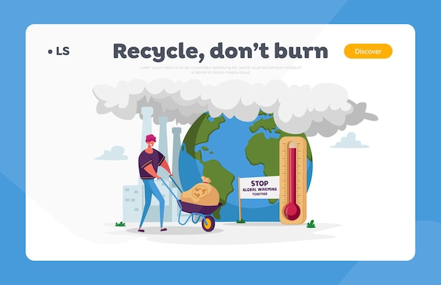 Man Character Pushing Wheelbarrow with Garbage Sack with Recycling Sign