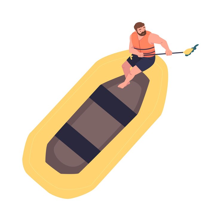 Vector man character rafting in inflatable boat rowing with paddle engaged in water sport vector illustration