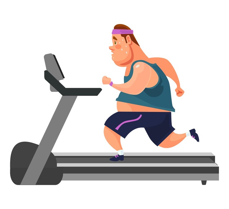Vector man character runs on treadmill vector flat cartoon illustration