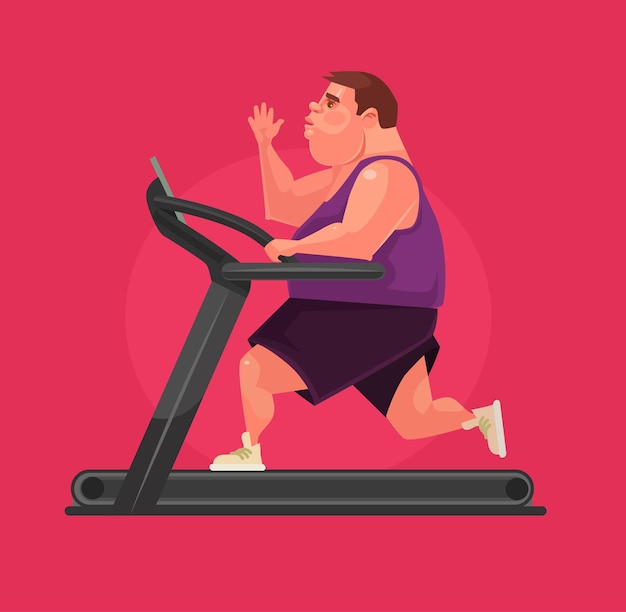 Vector man character runs on treadmill. vector flat cartoon illustration