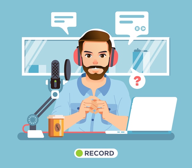 Man character sitting in the radio broadcast room with michrophone, coffee, laptop on the desk and window as background. used for poster, marketing image and other