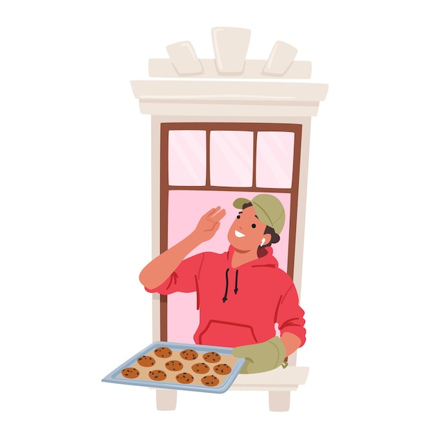 Персонаж-мужчина гордо стоит у окна, держа поднос, наполненный вкусным свежеиспеченным печеньем. их аромат, доносящийся сквозь стекло, заманчиво соседи. мультяшные люди. векторные иллюстрации.