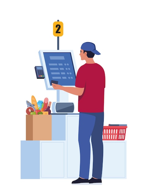 Vettore personaggio uomo nel supermercato stand alla cassa self service con terminale pos per il pagamento senza contanti