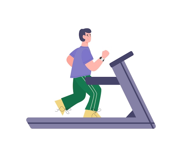 Vector man character training on treadmill flat cartoon vector illustration isolated