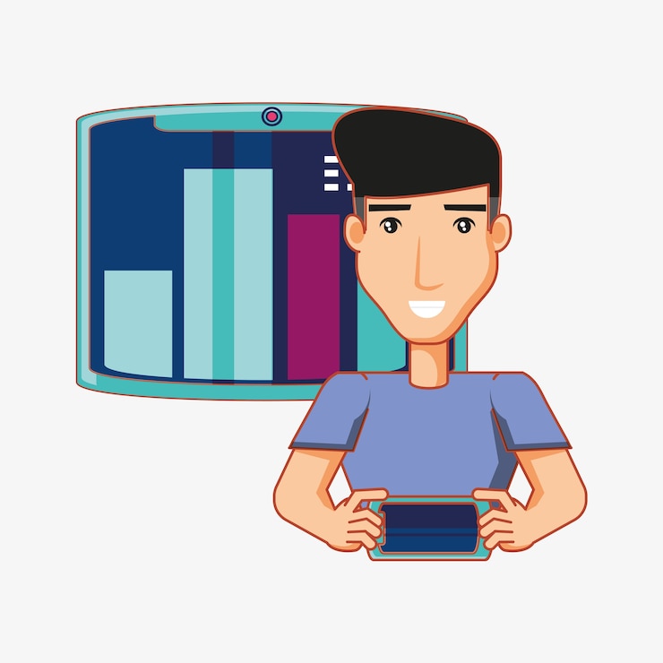 Vector man character with digital device social media 