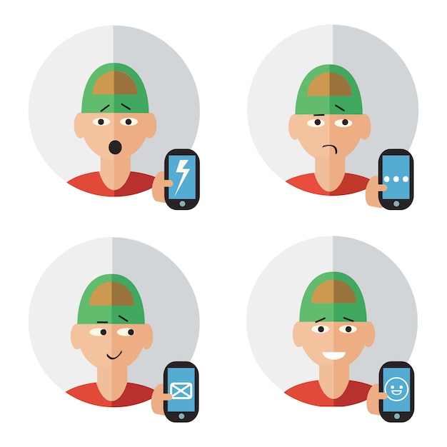 Man character with mobile phone in hand human emotions set isolated vector illustration