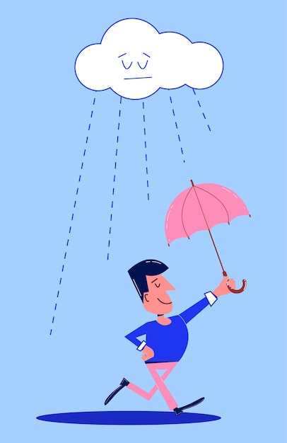 Man character with umbrella in retro style Aesthetics of the 60s 70s Cute cartoon guy character