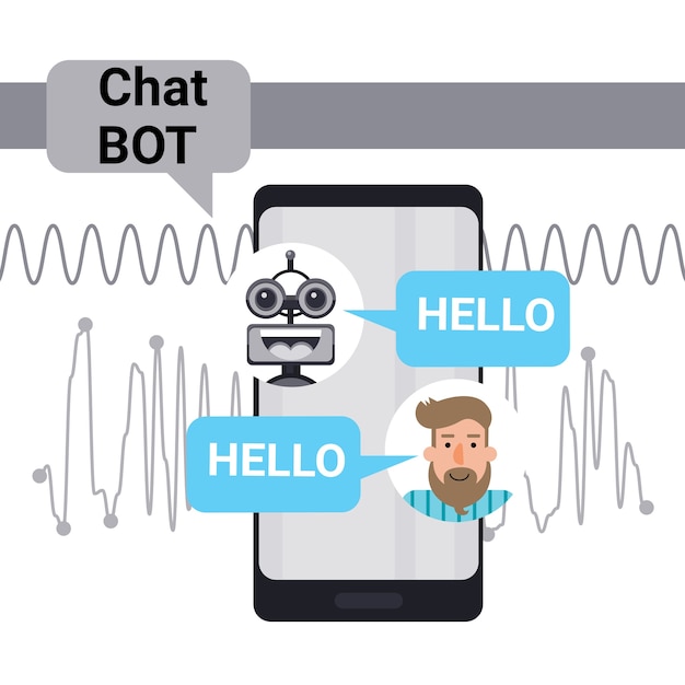 Vector man chatten met chat bot op mobiele slimme telefoon