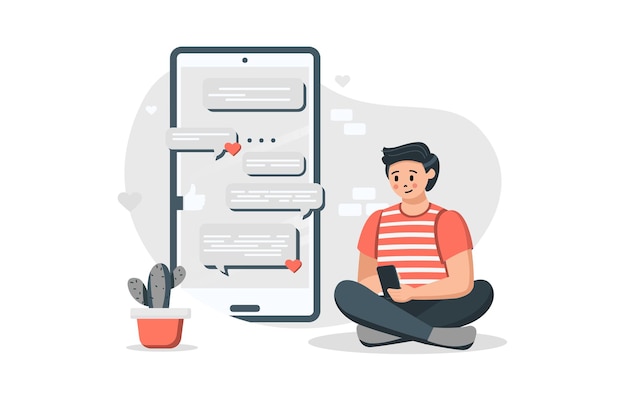 Man chatting on app concept in flat design young guy sends messages in mobile application online communication friendly or romantic correspondence vector illustration with people scene for web