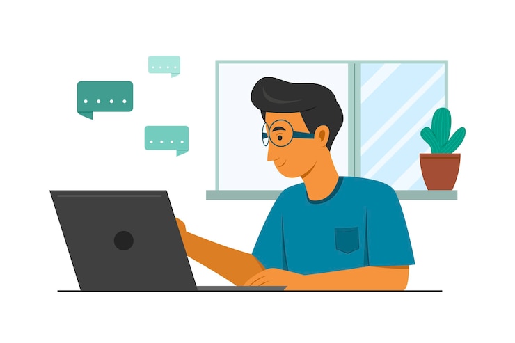 Vector man chatting and online working from home