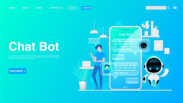 Vector man chatting with chat bot on smartphone chat bot technology concept vector eps 10