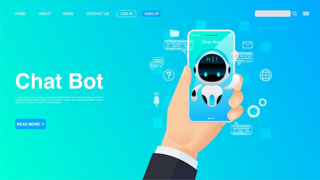 Vector man chatting with chat bot on smartphone chat bot technology concept vector eps 10