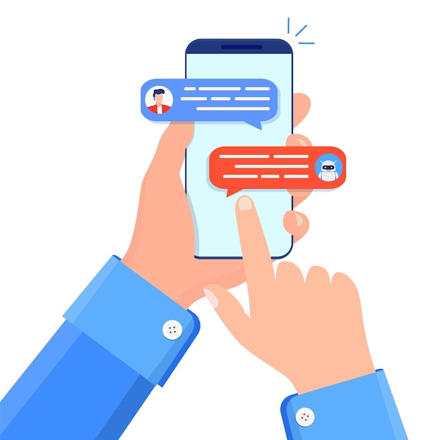 Uomo in chat con chat bot su smartphone.