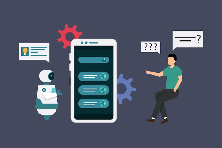 Vector man chatting with robot on mobile
