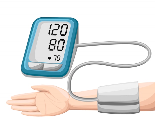 Vector man checking arterial blood pressure. digital device tonometer. medical equipment. diagnose hypertension, heart. measuring, monitoring health. healthcare concept.  illustration.