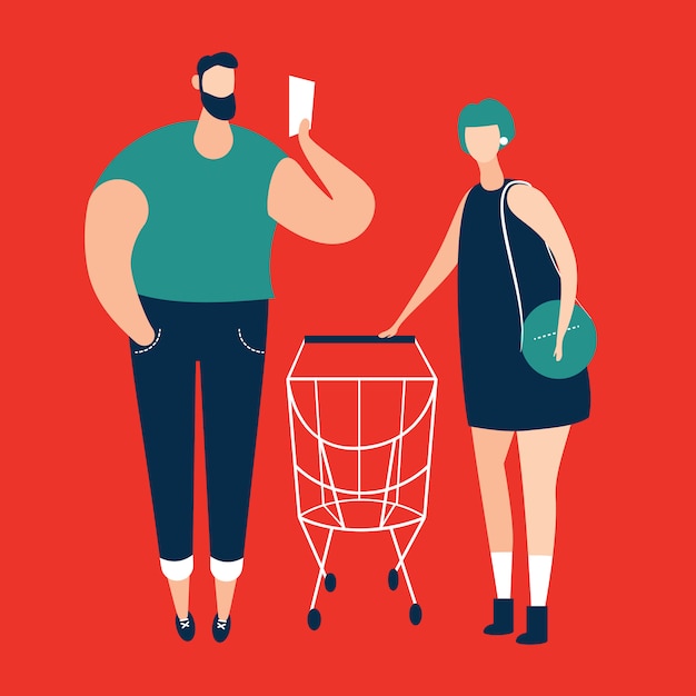 Вектор Укомплектуйте личным составом проверять список покупок и женщин нося вагонетку покупок на супермаркете. векторная иллюстрация
