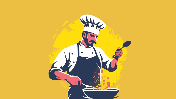 シェフの帽子をかぶった男がパンで料理をしています