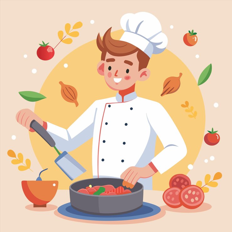 요리사 모자를 입은 남자가 채소와 토마토 비로 팬에서 요리하고 있다
