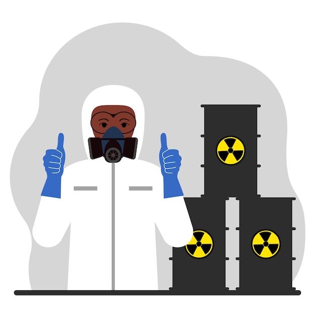 Vector a man in a chemical protection suit next to black barrels with a picture warning about the toxicity of the waste radiation