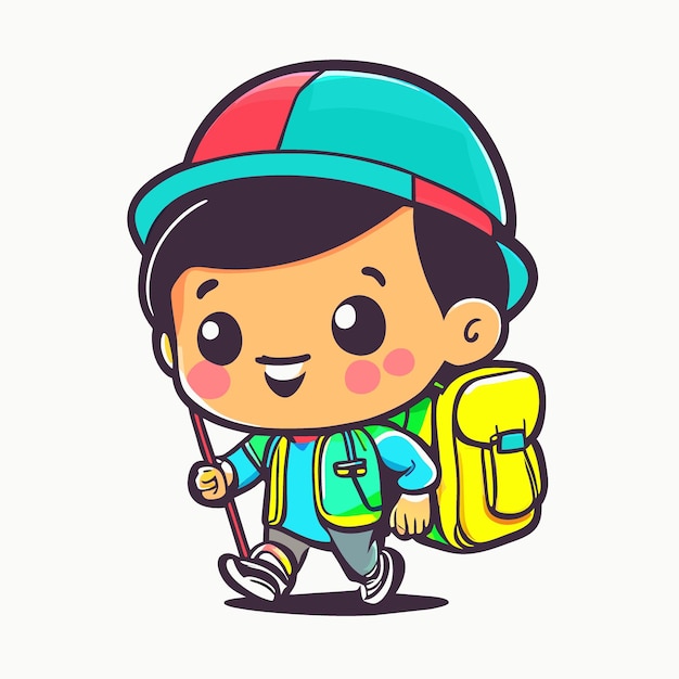 man chibi wearing mountaineering clothes go hiking vector illustration cartoon