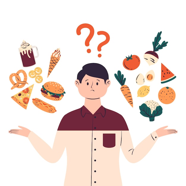 Man choosing between healthy or unhealthy food illustration