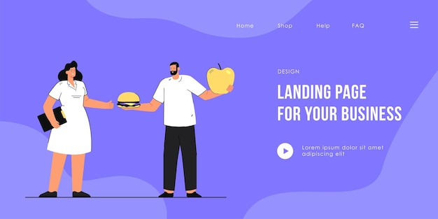 Man choosing between junk and healthy food landing page template