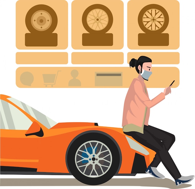 Vettore un uomo che sceglie le nuove gomme per la sua automobile tramite l'illustrazione online di servizio dell'automobile