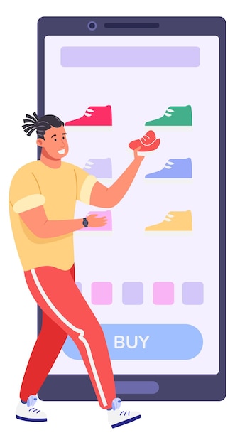 電話スクリーンで靴を選ぶ男オンラインストアアプリ