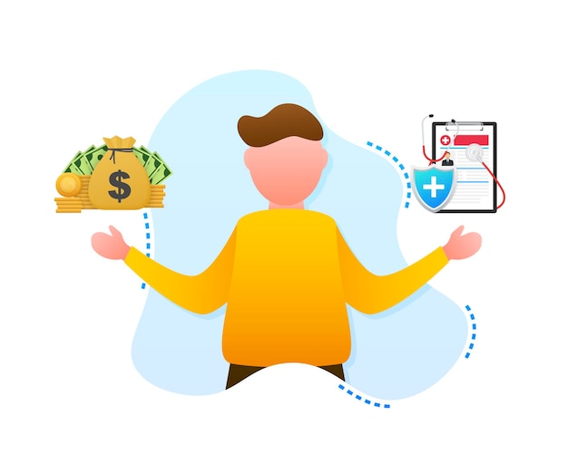 Vector man choosing between two options medical insurance and money vector stock illustration