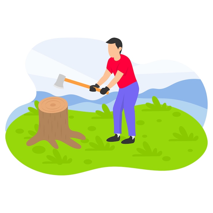 Vector man chopping wood with axe concept spend picnic weekend in forest vector color icon design outdoor