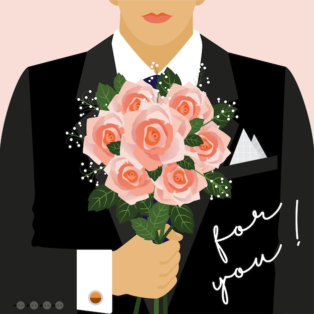 Man in a classic suit with a bouquet of roses the effect of watercolors