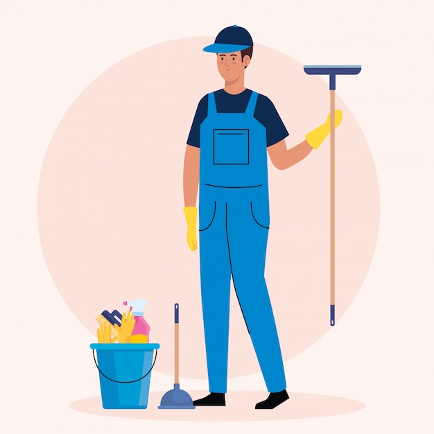 Укомплектуйте личным составом работника чистки с ведром и инструментами, ведром уборщика человека и инструментами дизайна иллюстрации вектора