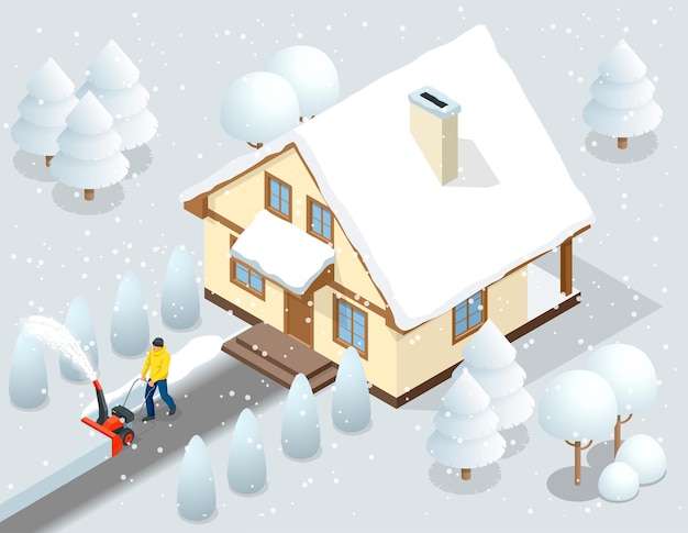 Un uomo rimuove la neve dai marciapiedi con lo spazzaneve nel cortile sul retro della sua casa. città dopo una bufera di neve. casa ricoperta di neve. illustrazione vettoriale isometrica