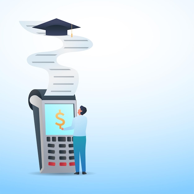 Man click on payment device and graduation cap on the top of the bills metaphor of expensive education