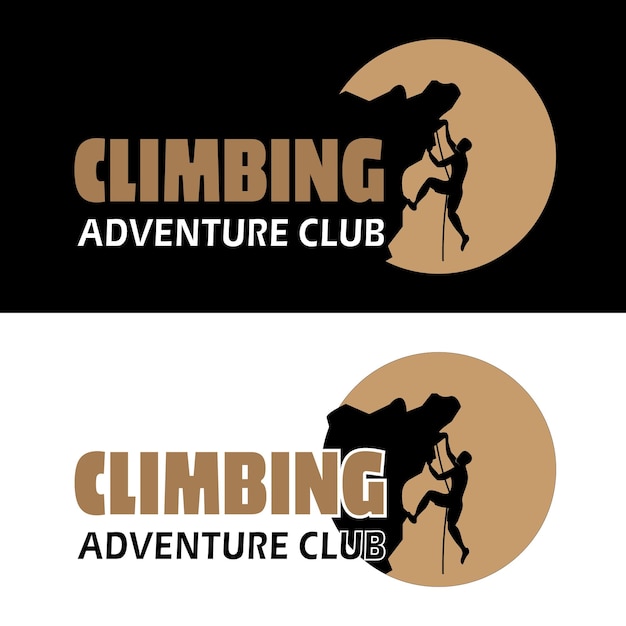 A man climb the peak of rock mountain silhouette for adventure and climbing gear shop logo design