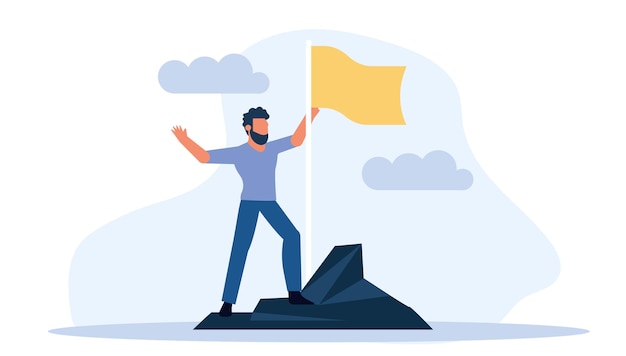 Vector man climbed to the top mountain with flag flat illustration achievement concept