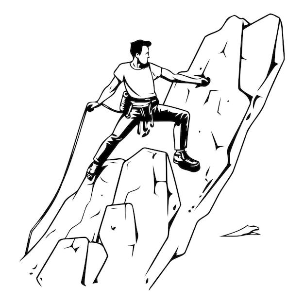 Man climbing on a cliff Hand drawn vector illustration in sketch style