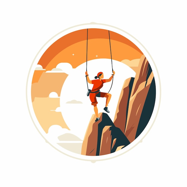 Vector man climbing on the cliff vector illustration in a flat style