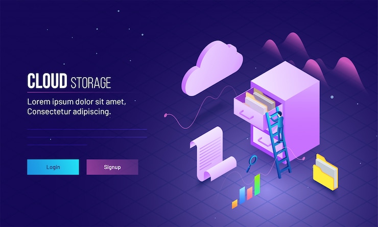 Vector man climbing on ladder to save or store data file folder.
