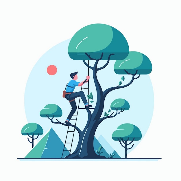 Vector a man climbing a ladder with a tree and a mountain in the background