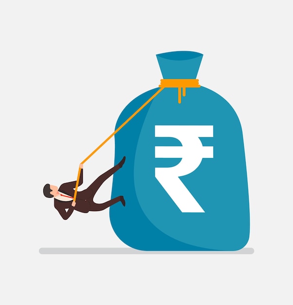 Man climbing on money bag through a rope.