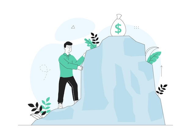 Man climbing for money young guy climbs up rock to bag with coins entrepreneur and businessman with