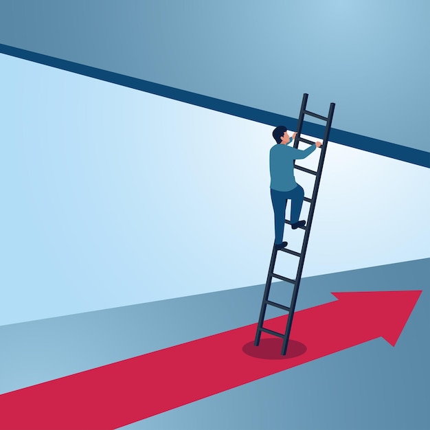 A man climbs the stairs to the upper level from the street below An illustration of transformation innovation and change for the better