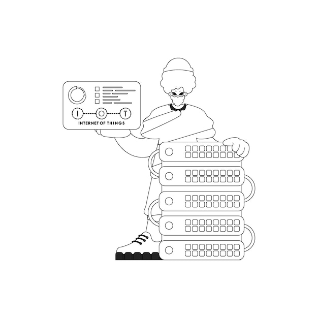 man cloud storage server and internet of things in a vector linear style