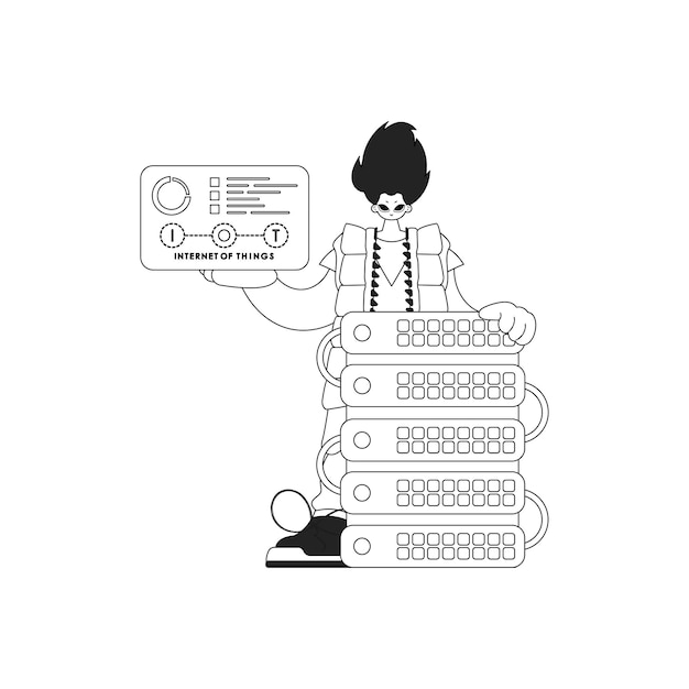 man and cloud storage server for iot vector linear style