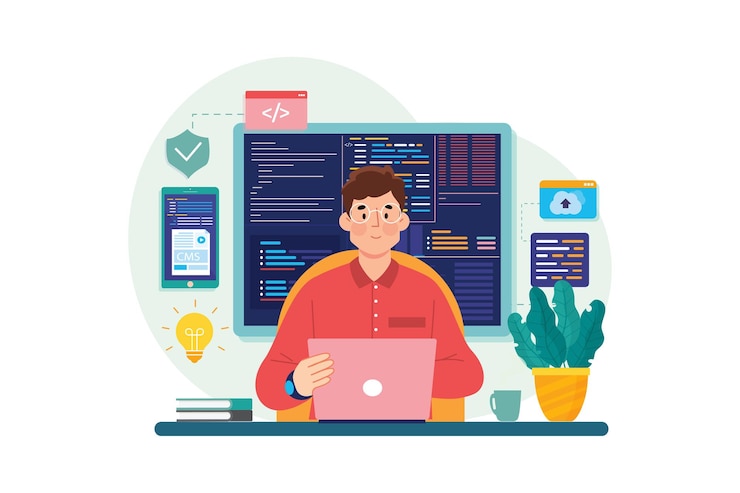 Vector 남자 코더 개발 프로그래밍 컴퓨터