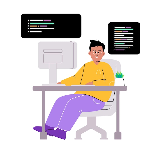 Man coderen script code programmeren tekenen illustratie professionele ingenieur op het bureau