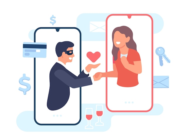 man communicates with woman on dating site in order to deceive her and take advantage of trust romantic smartphone app cyber scam lovers mobile chat fake romance vector concept
