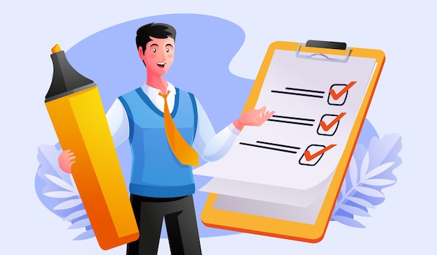 Man complete checklist on clipboard and paperwork