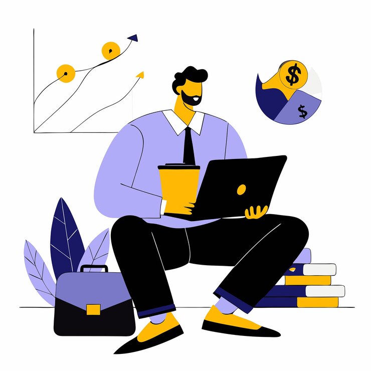 Вектор человек завершает процесс создания онлайн-портфеля на ноутбуке